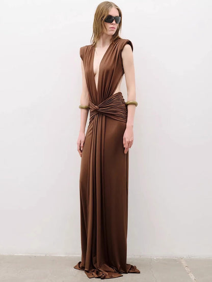 Clementine Pleated Deep V-Neck Maxi Dress