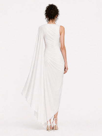 Willow One-Shoulder Pleated Cape Midi Dress