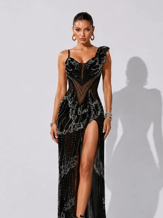 Tatiana Rhinestone-Embellished Slit Bodycon Maxi Dress