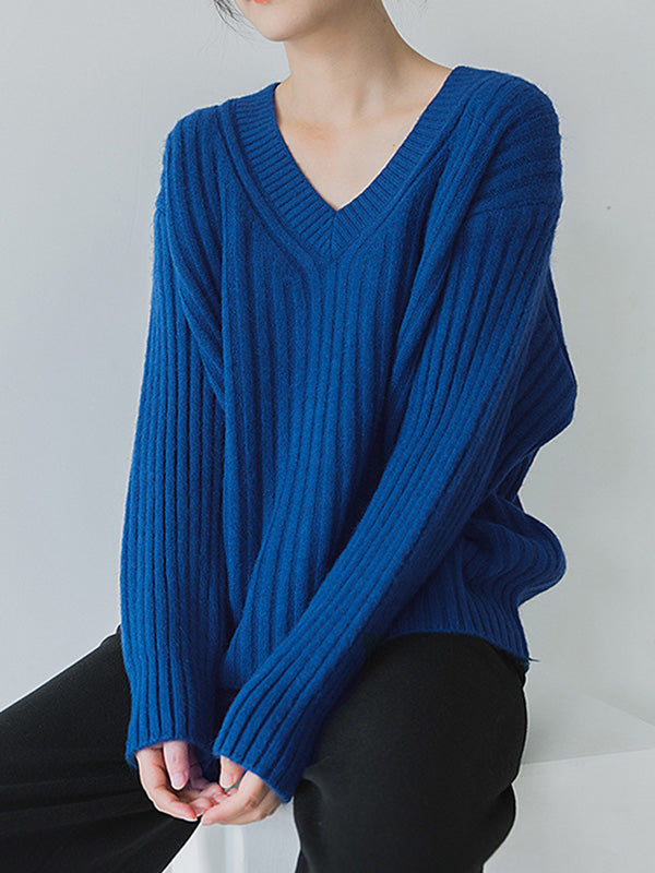 Casual Loose Solid Color V-Neck Sweater Tops
