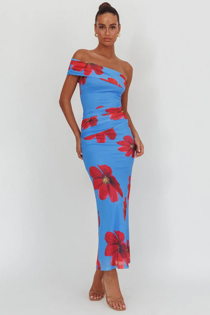 Gala One-Shoulder Maxi Dress Floral Blue