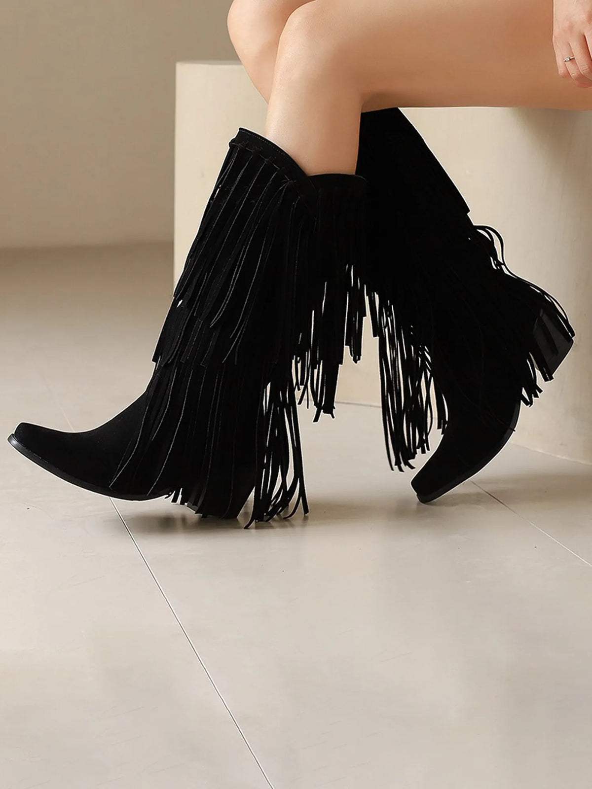 Zaria Ruched Fringed Suede Boots