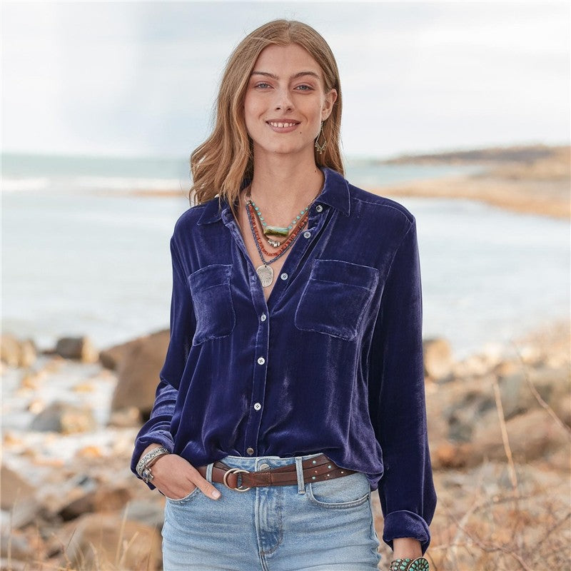Loose Fitting Simple Solid Color Velvet Shirt