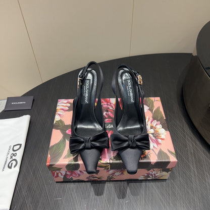 DG Bow Slingbacks 10cm High Heel Black Silk