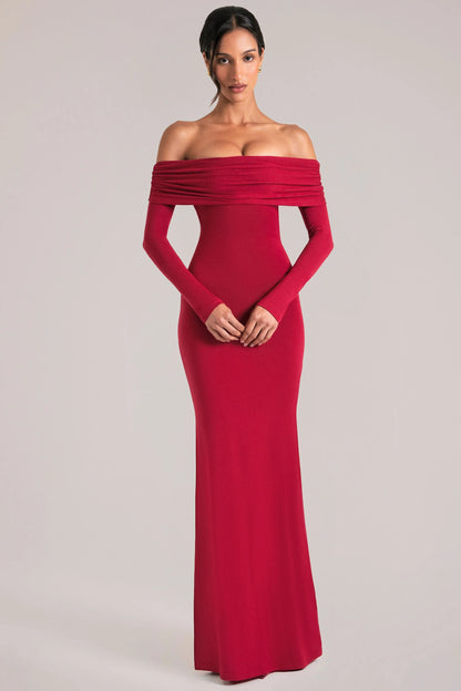 Off-Shoulder Long-Sleeve Maxi Dress in Cherry Red