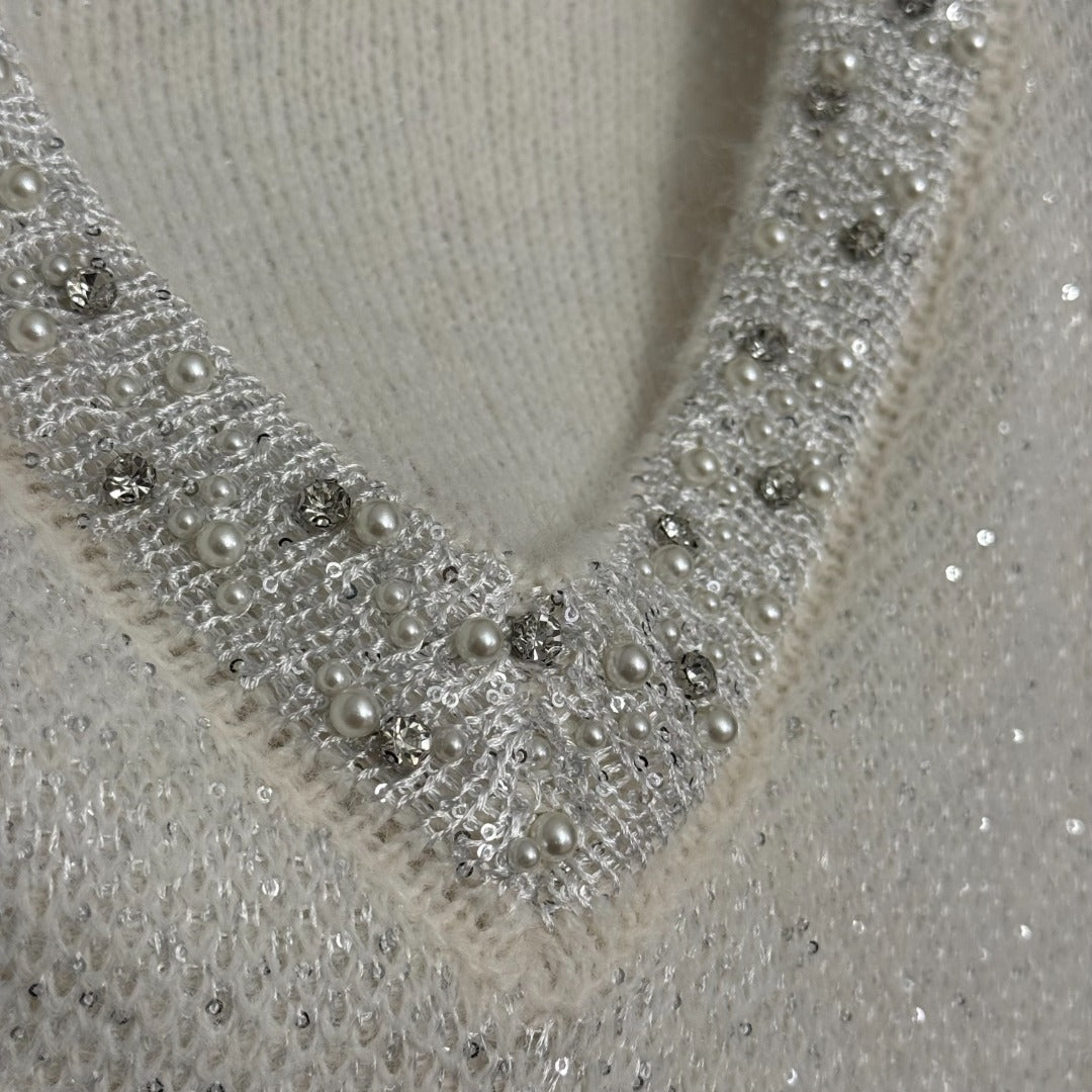 Chanel Rhinestone-Studded V-Neck Long-Sleeve White Wool Knit Sweater