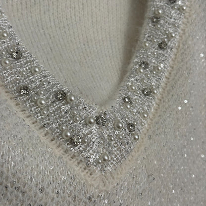Chanel Rhinestone-Studded V-Neck Long-Sleeve White Wool Knit Sweater