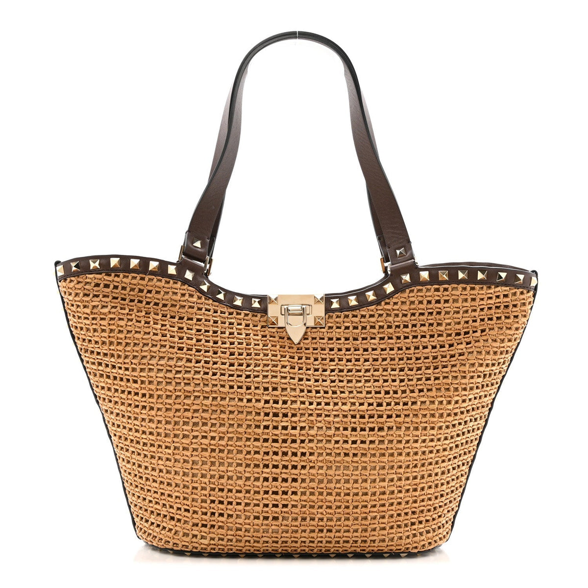 Synthetic Raffia Calfskin Rockstud Small Garden Tote Bag Tobacco Cacao