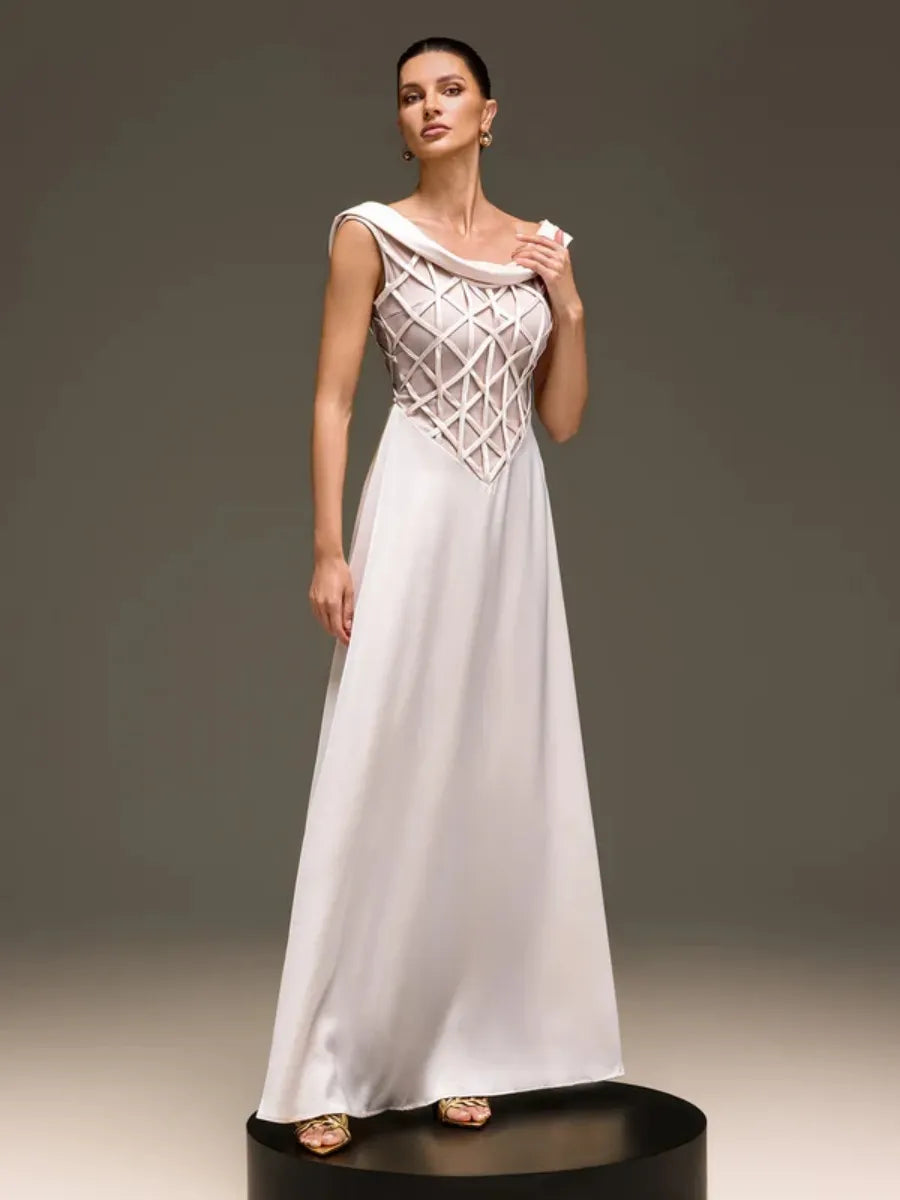 Seraphina Lattice-Bodice Off-the-Shoulder Satin Gown
