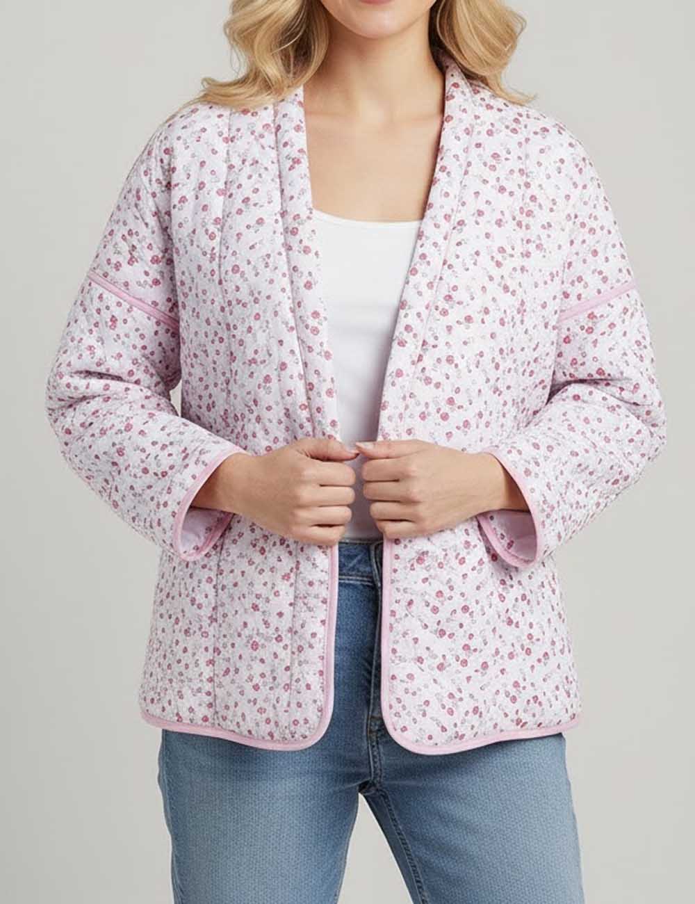 Floral Print Quilted V-Neck Tie Front Puffer Coat