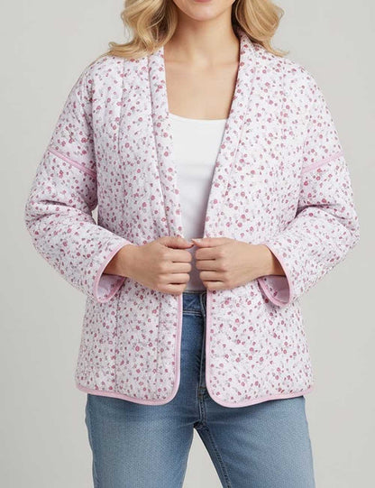 Floral Print Quilted V-Neck Tie Front Puffer Coat