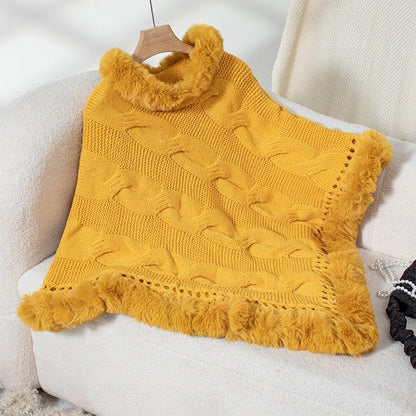 Fur Collar Cable Knit Sweater Cape