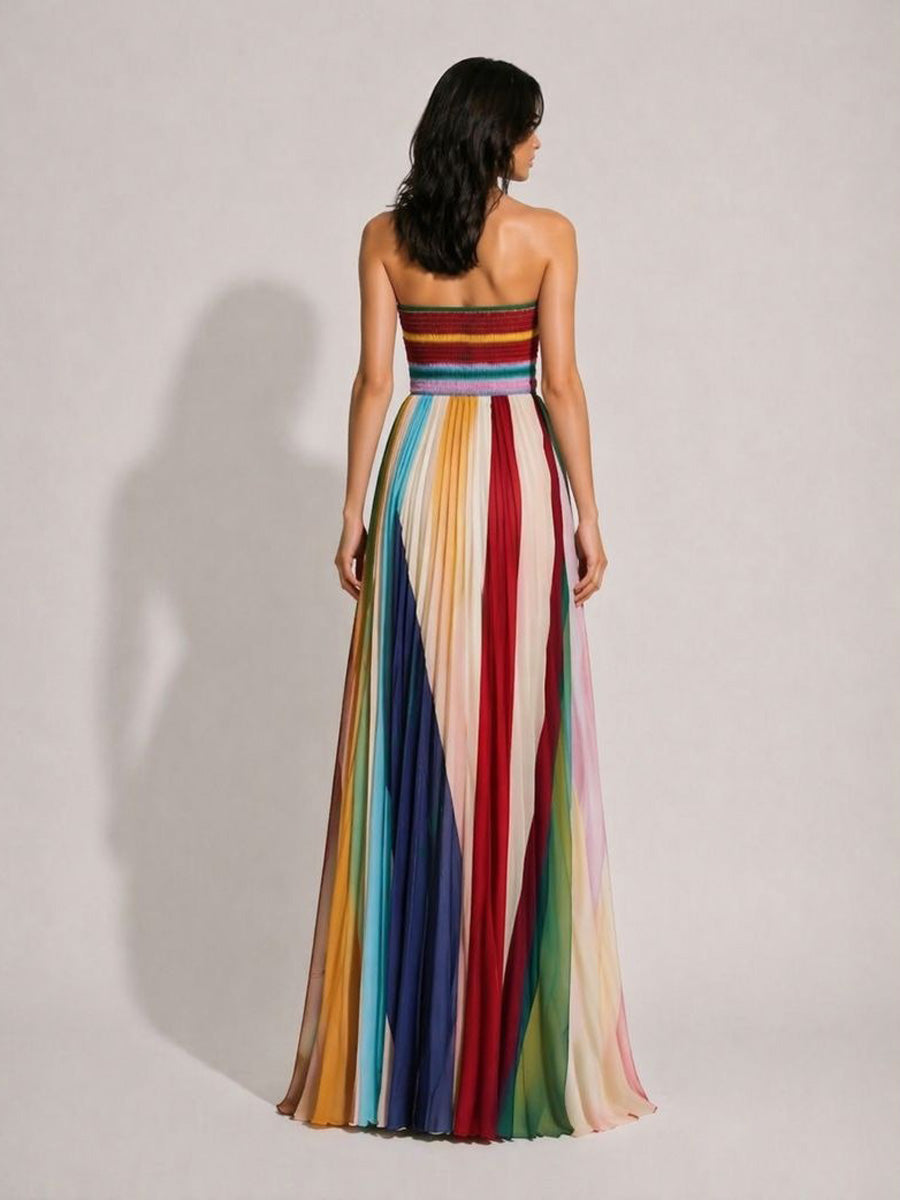 Aniya Elegant Waist-Cinching Pleated Printed Maxi Dress