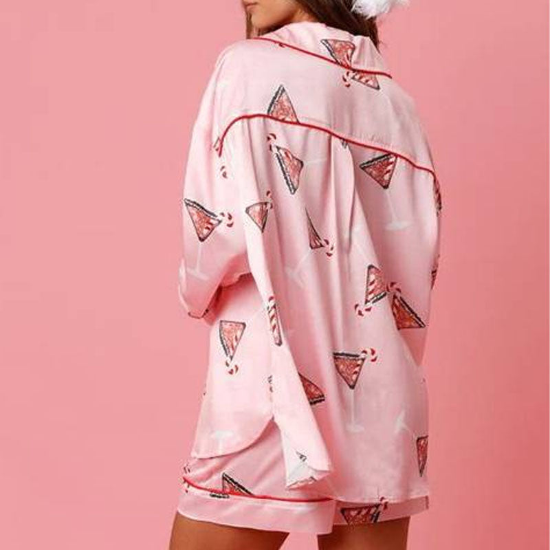2 Pcs Soft Cartoon Print Satin Christmas Pajamas Set