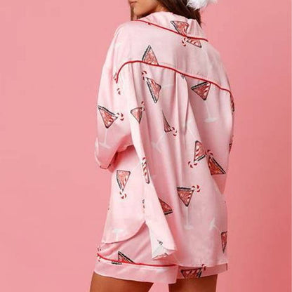 2 Pcs Soft Cartoon Print Satin Christmas Pajamas Set