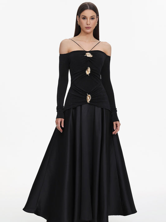 Luciana Halter Off-The-Shoulder Long Sleeves Black Maxi Dress