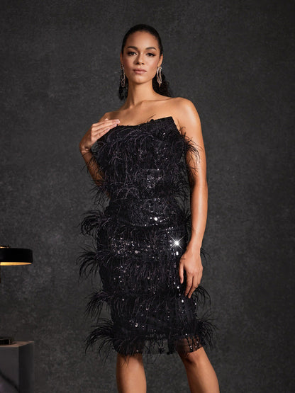 Annika Strapless Feather Sequin Midi Dress