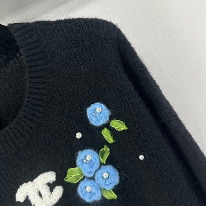 CC Floral Long-Sleeved Sweater Black Wool Nylon 345974
