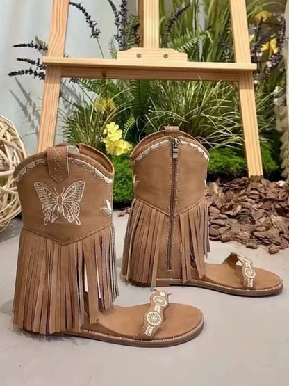 Vivienne Embroidered Butterfly Peep-Toe Booties with Tassels