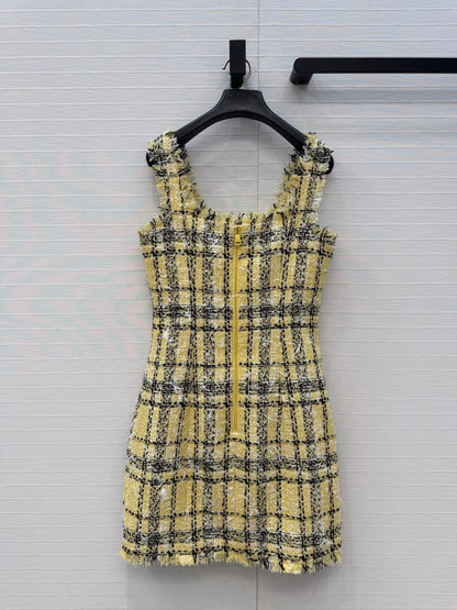 Balmain 26s Slip Dress Yellow Black Tweed 346071