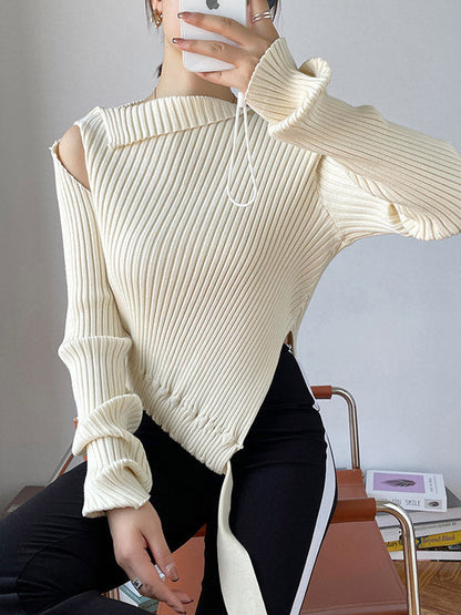 Original Stylish Solid Color Off-The-Shoulder Long Sleeves Sweater Top