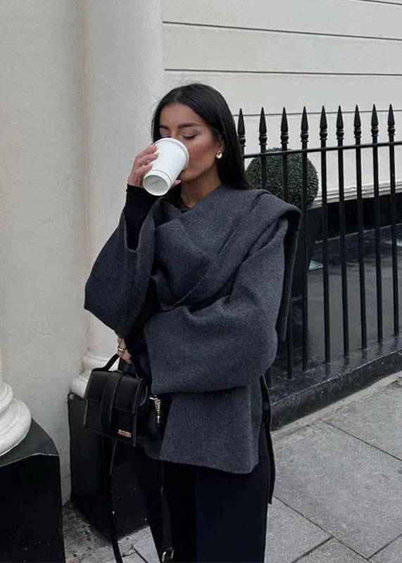 Knit Cardigan Coat With Asymmetric Scarf Design