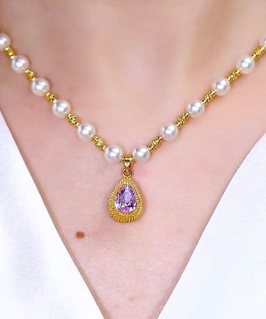 Beautiful Purple Sterling Silver Overgild Pearl Water Drop Pendant Necklace