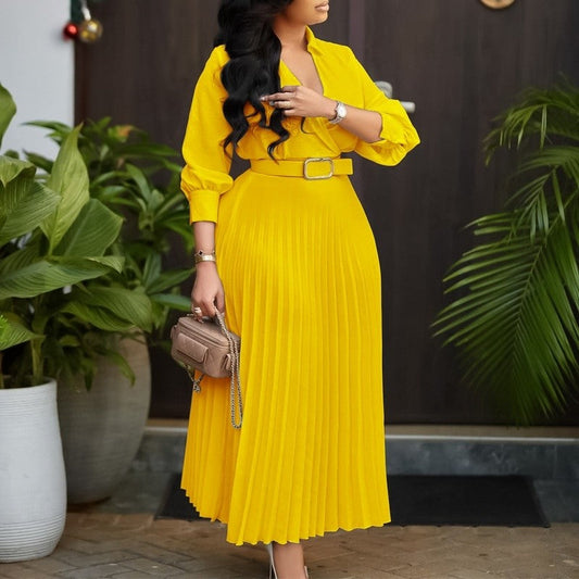 Solid Color Long Sleeve Pleated V-Neck Maxi Dress