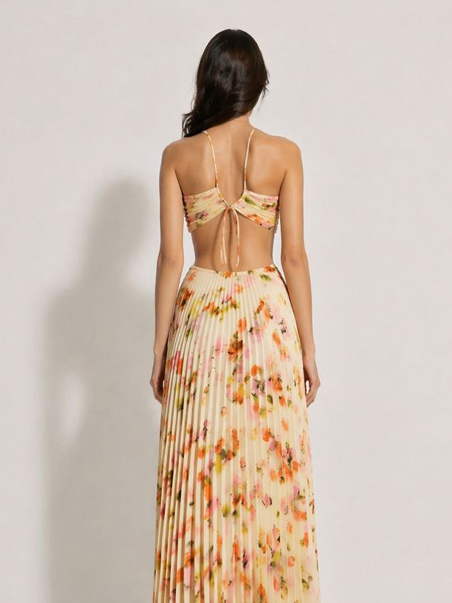 Lila Halter-Neck Pleated Printed Maxi Dress