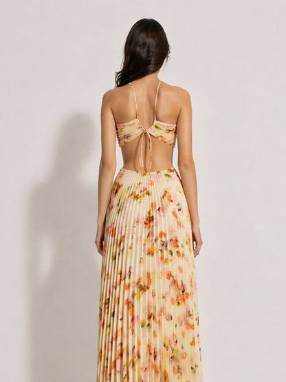 Lila Halter-Neck Pleated Printed Maxi Dress