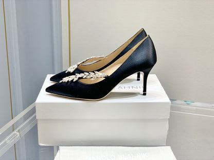 Manolo Women's Nadira Pumps 70 Black Satin