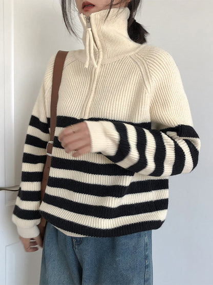 Urban Striped Zipper High-Neck Sweater Tops Pullovers