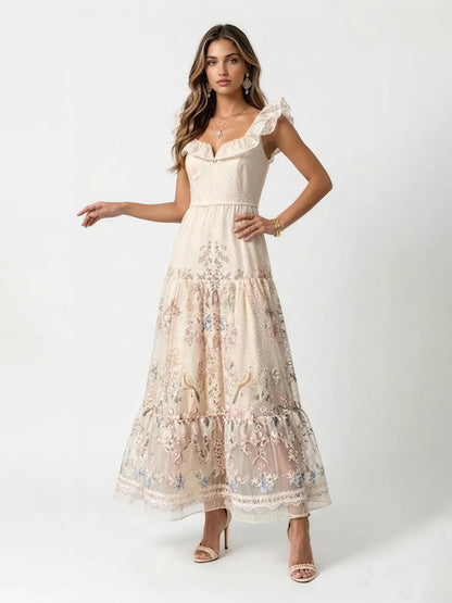Aurora Vintage Floral Lace Ruffle Maxi Dress