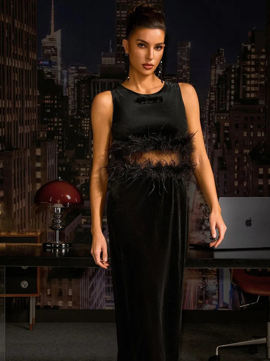 Ashlyn Sleeveless Feather Velvet Midi Dress