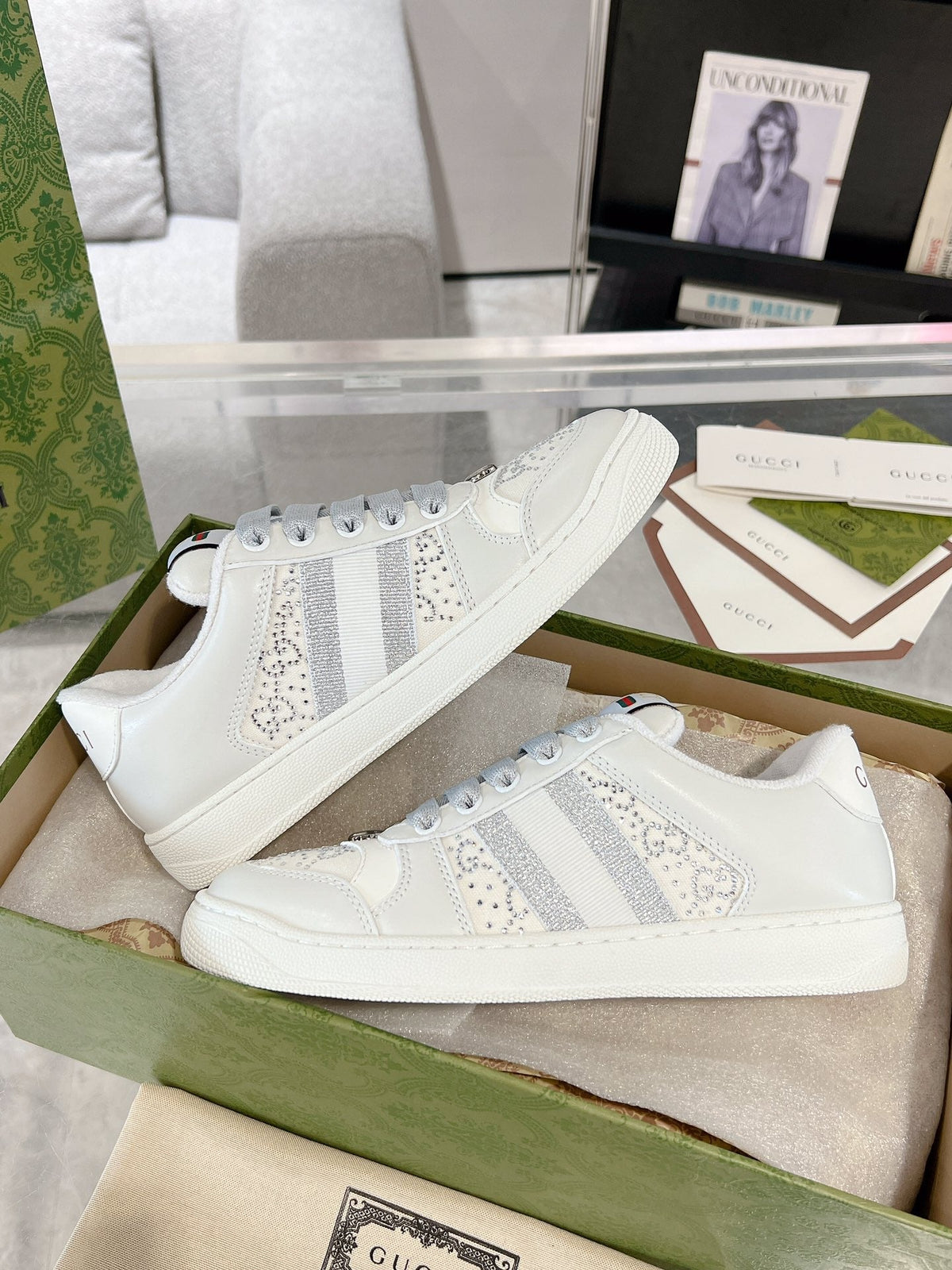 Gucci 2025 Screener Sneaker White Gray Leather Canvas 758539