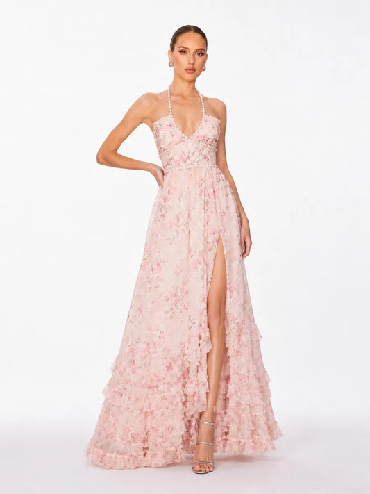 Anika Pearl-Embellished Halter-Neck Ruffled Slit Maxi Dress In Pink