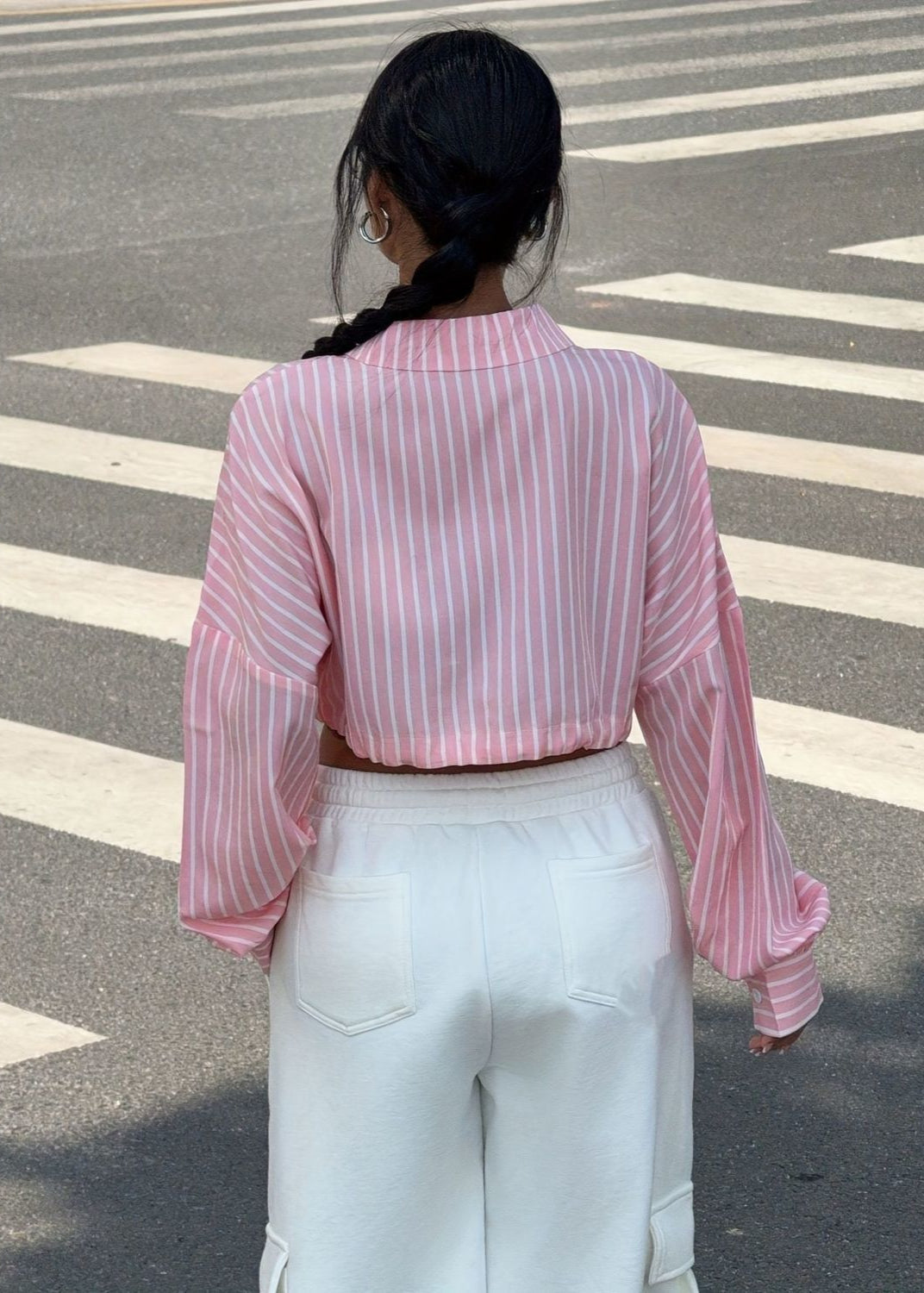 Striped Button Up Drawstring Crop Shirt Polyester Cotton