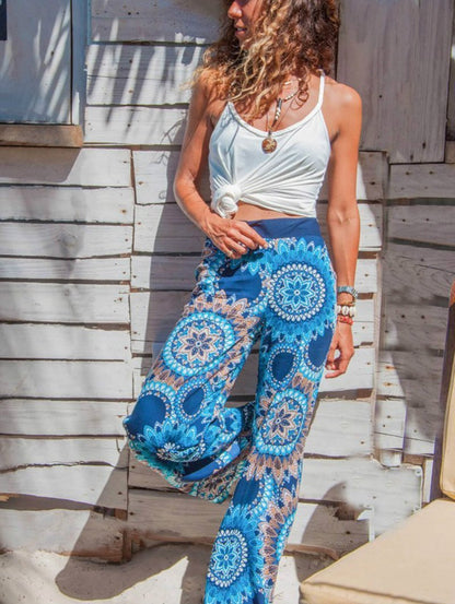 Women'S Casual Pajama Boho Beach Pants Floral Print Drawstring Palazzo Lounge Wide Leg Pant Pantalon Femme