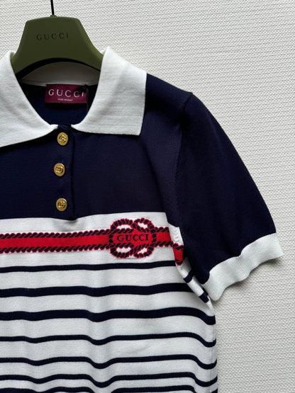 Gucci Striped Polo Knitted Top Dark Blue White Cotton
