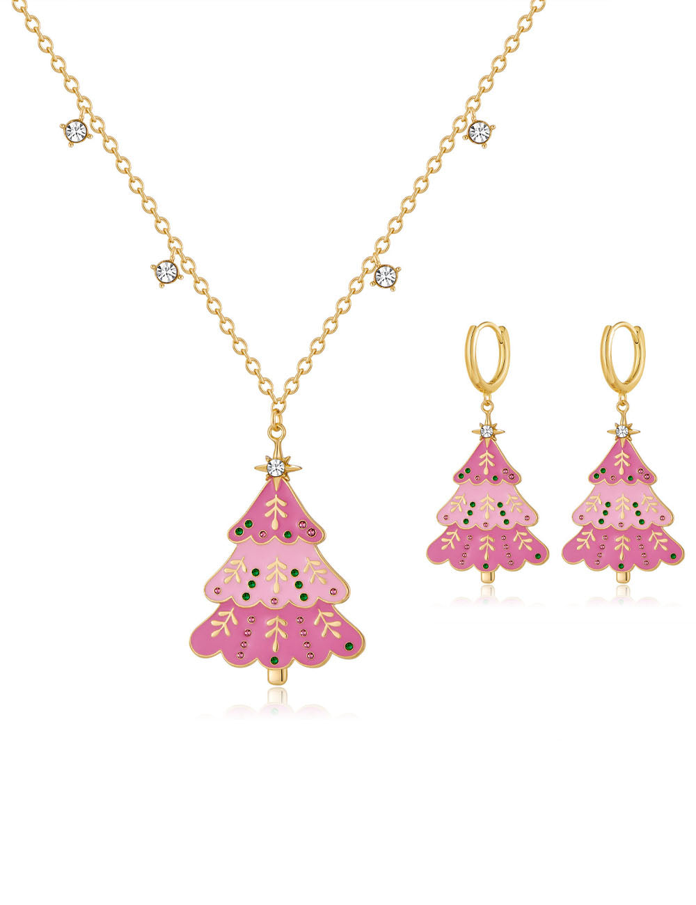 Rhinestone Christmas Tree Pendant Necklace Earrings Set