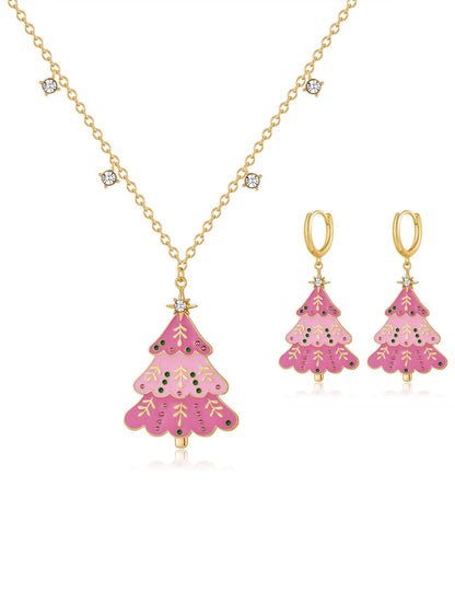Rhinestone Christmas Tree Pendant Necklace Earrings Set