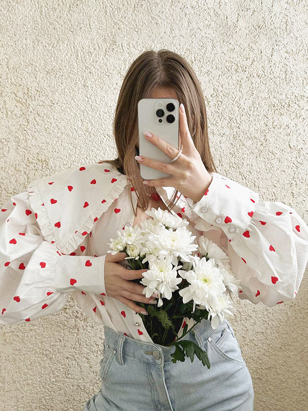 Loose Contrast Color Doll Collar Heart Print Blouses&Shirts Tops