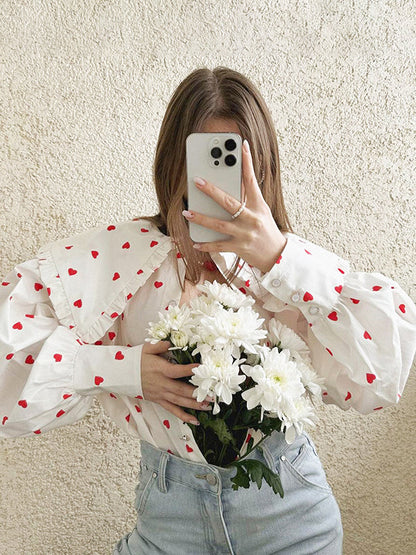 Loose Contrast Color Doll Collar Heart Print Blouses&Shirts Tops