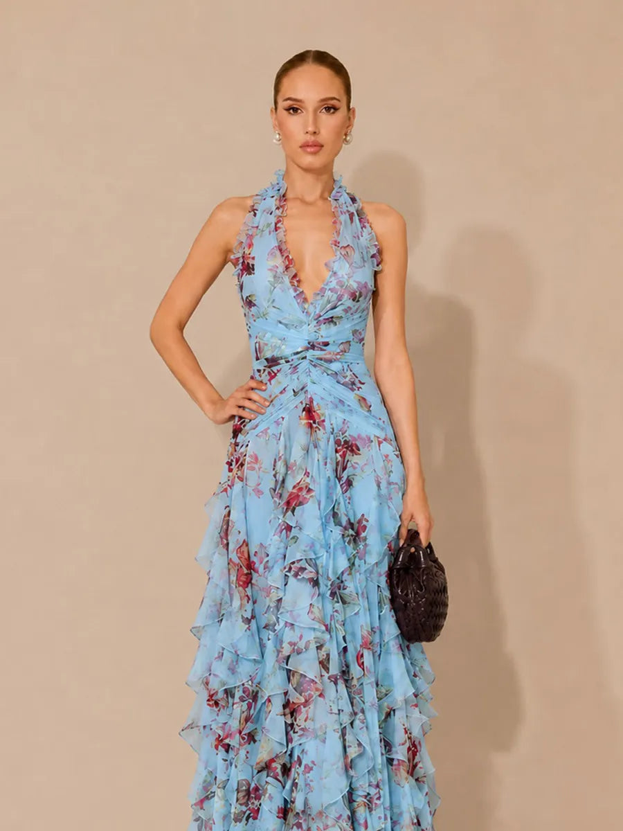 Mariana Printed Ruffled Asymmetrical Halter Backless Maxi Dress