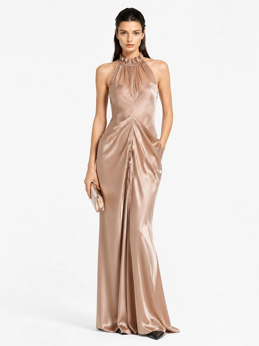 Estella Sleeveless Halter-Neck Mesh Maxi Dress