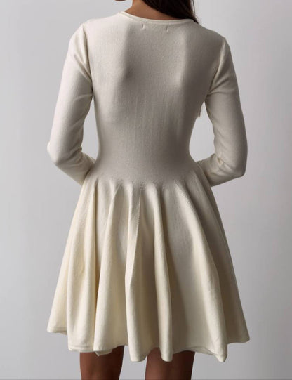 Elegant Round Neck Long Sleeve Flare Mini Dress