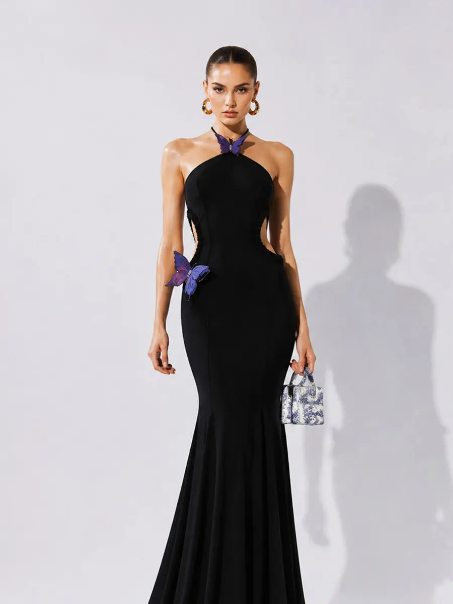 Yasmine Butterfly-Embellished Cut-Out Halter Maxi Dress