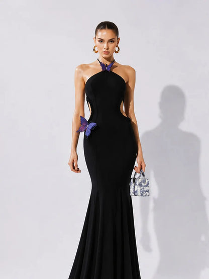 Yasmine Butterfly-Embellished Cut-Out Halter Maxi Dress
