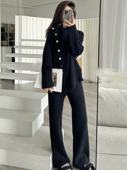 Casual Loose Solid Color Half Turtleneck Sweater Tops & Wide Leg Pants Suits