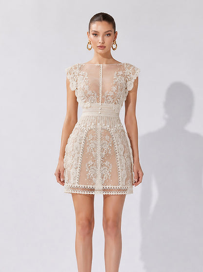 Zoey Apricot Lace-Embroidered Mini Dress